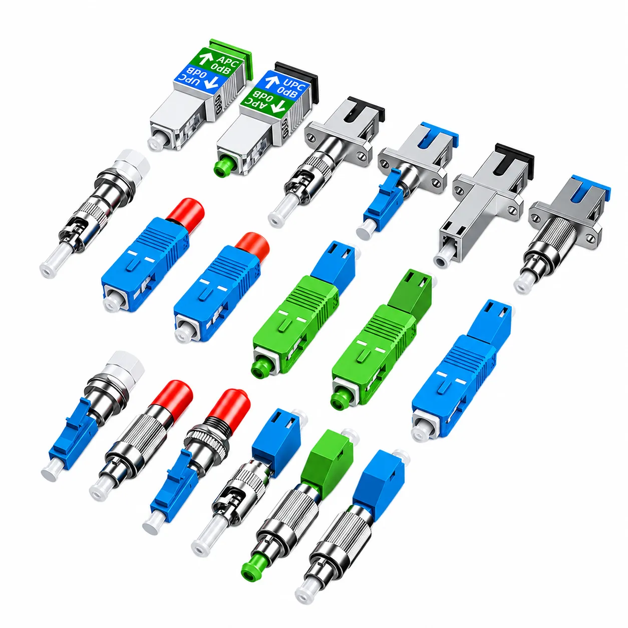 Fiber Optic Adapters and Connectors – Types and Interfaces Assorted fiber optic adapters and connectors with different interface types, blue and green housings, and metal components