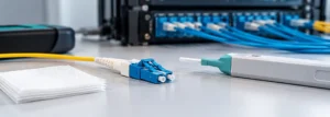 LC fiber optic patch cord, lint-free wipes, and a connector cleaning pen arranged on a workbench