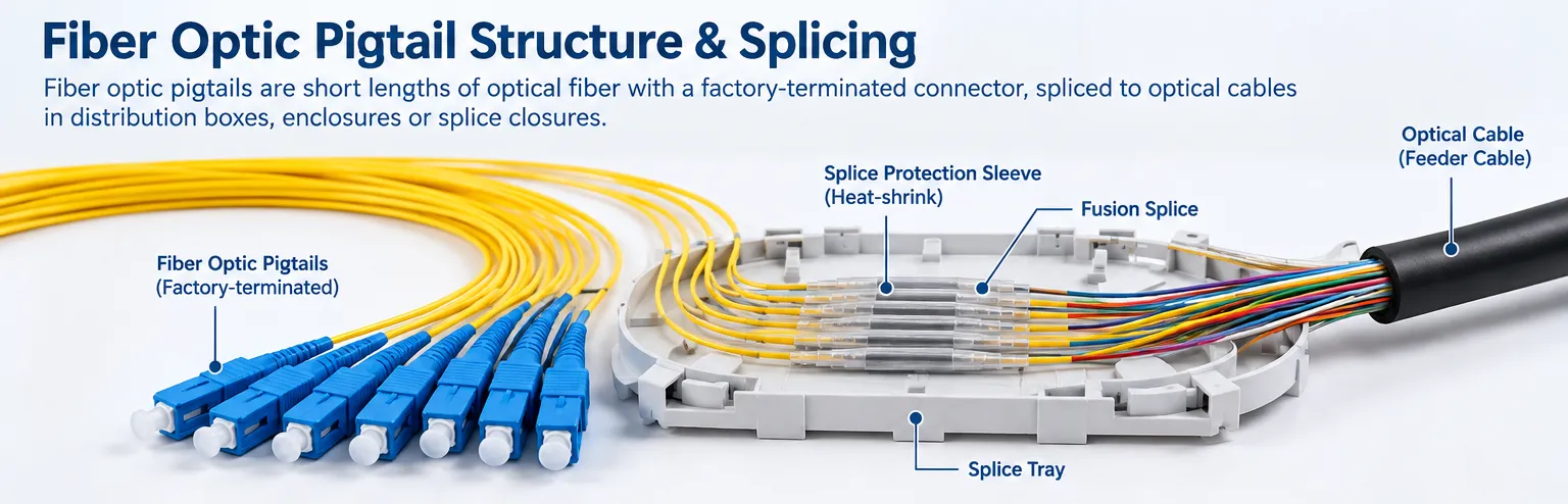 Illustration of fiber optic pigtail structure and splicing in a fiber termination system
