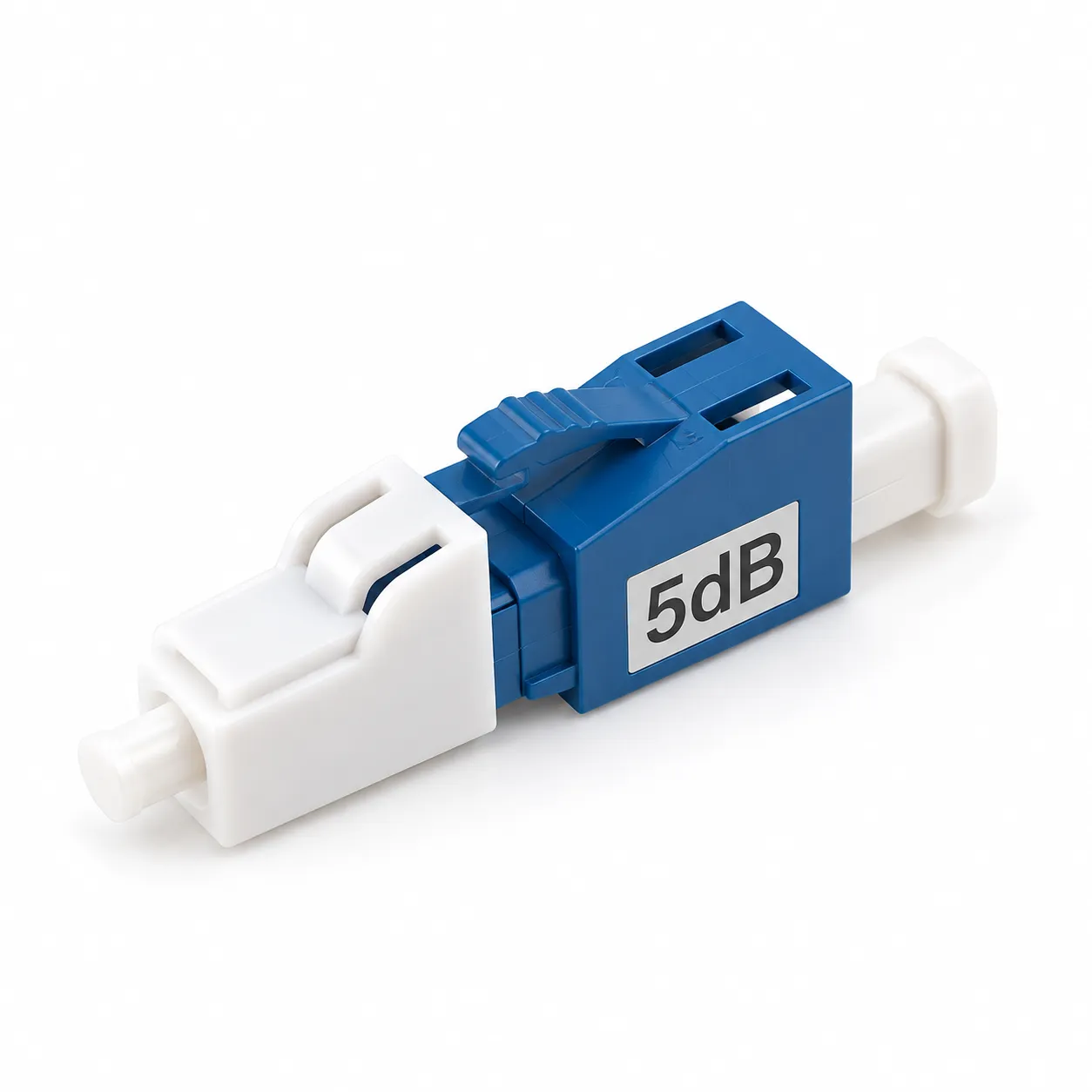 LC/UPC Fiber Optic Attenuator, fixed 5 dB male-to-female singlemode unit, blue housing on a white background