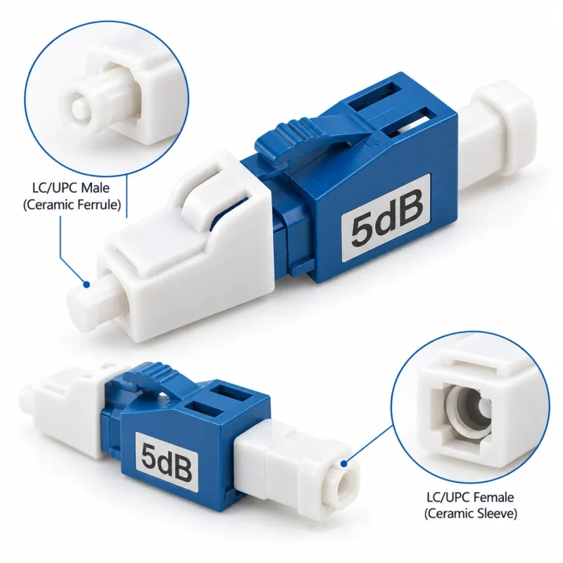 LC UPC fiber optic attenuator connector detail showing male ferrule and female sleeve close-up views