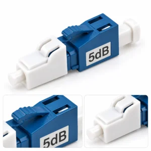 LC UPC fiber optic attenuator product detail image highlighting the 5 dB marking, latch, and connector body