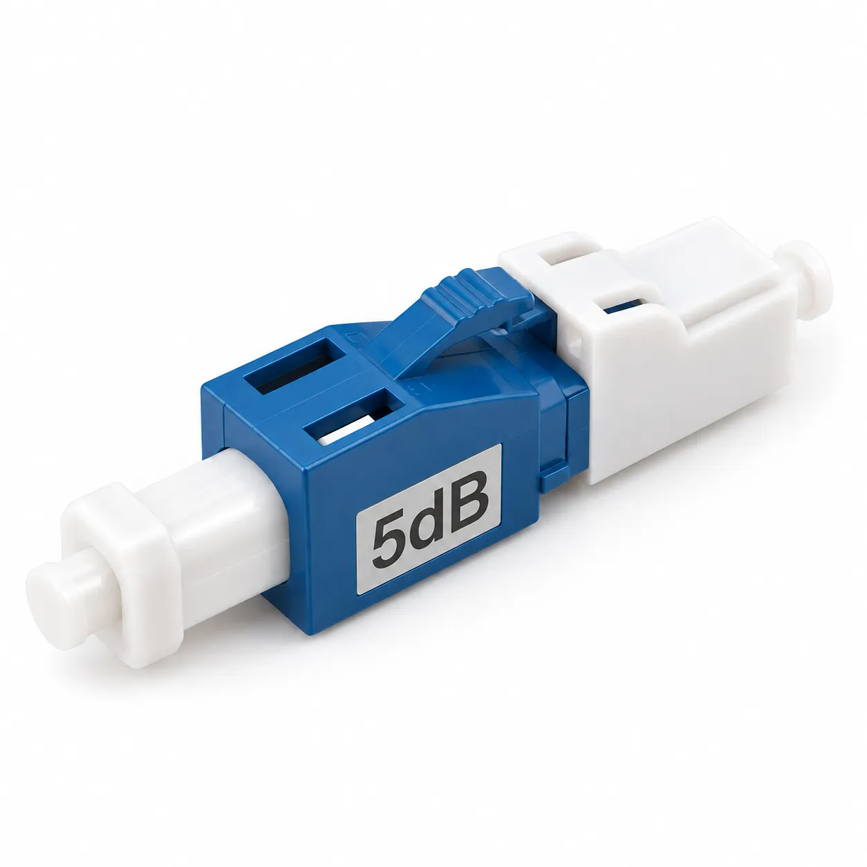 LC UPC fiber optic attenuator, 5 dB fixed, male to female, rear and side view on white background