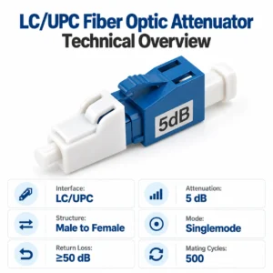 LC UPC fiber optic attenuator technical overview with interface, attenuation, structure, mode, return loss, and mating cycles