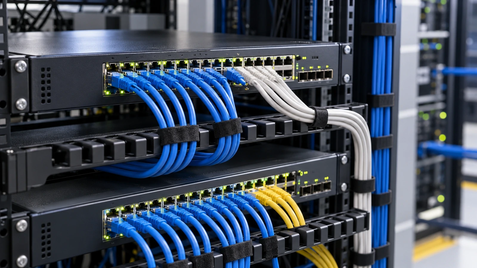 Ethernet cables connected to network switches in a neatly managed rack