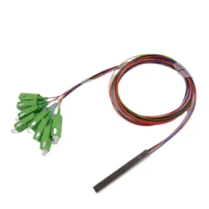 PLC Splitter 1x8 with SC/APC connectors and 1 m leads, mini steel tube assembly on a white background