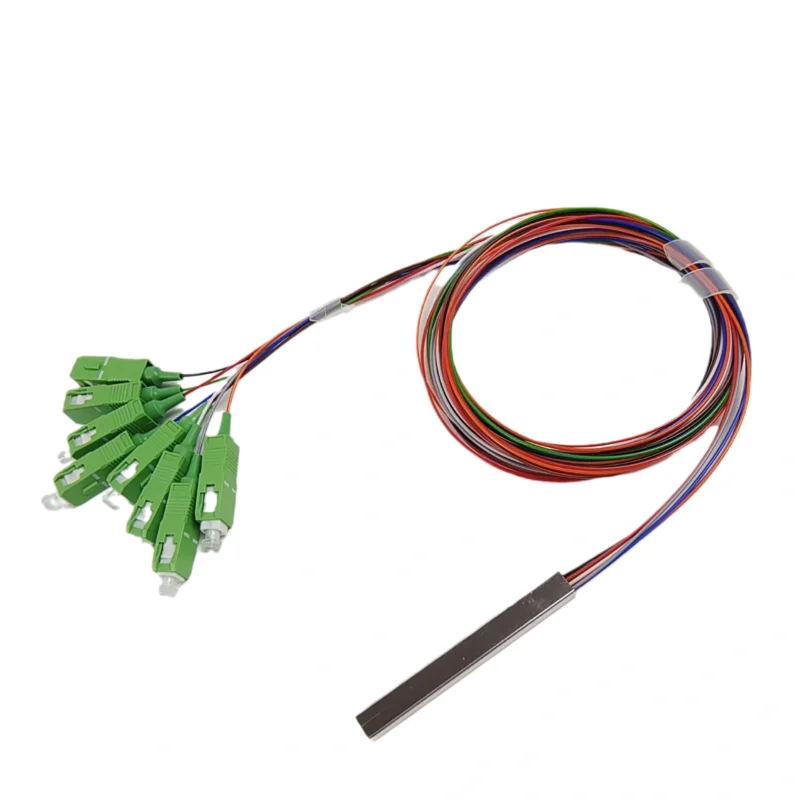 PLC Splitter 1x8 with SC/APC connectors and 1 m leads, mini steel tube assembly on a white background
