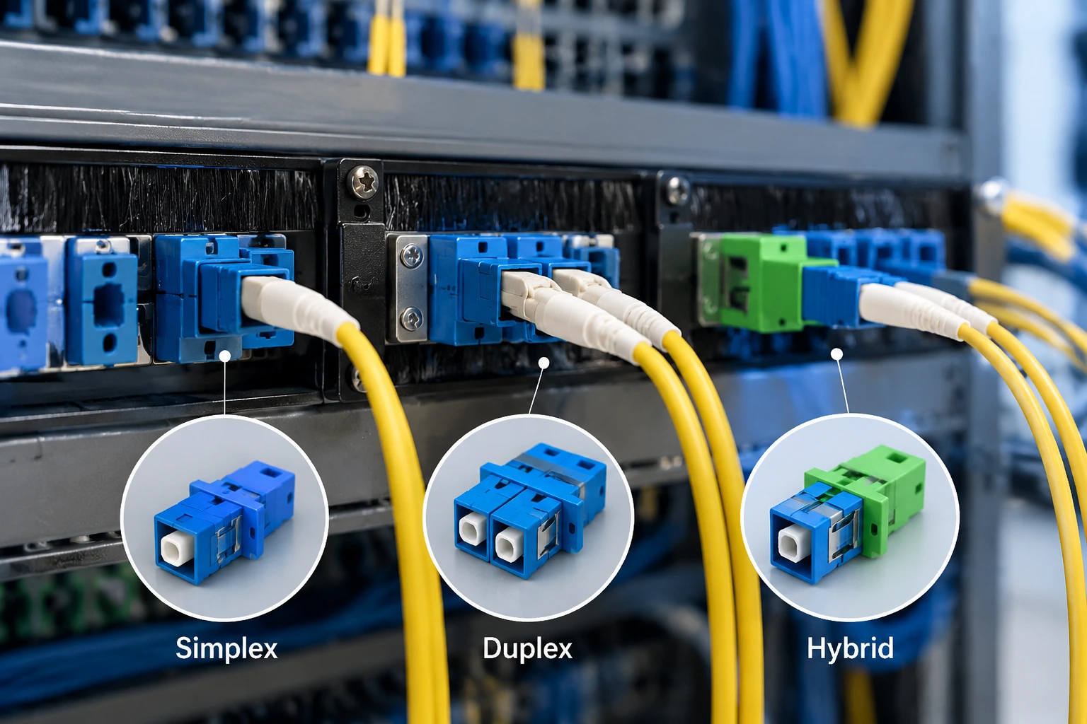 Simplex, duplex, and hybrid fiber optic adapter configurations