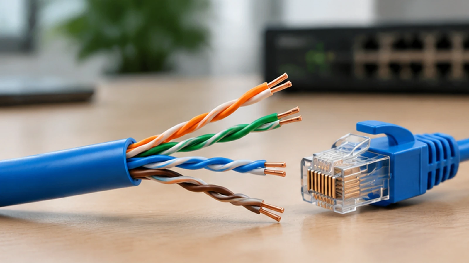 What Is a UTP Cable? Structure, How It Works, and Uses 1 Blue UTP Ethernet cable with its four twisted wire pairs exposed beside an RJ45 connector.