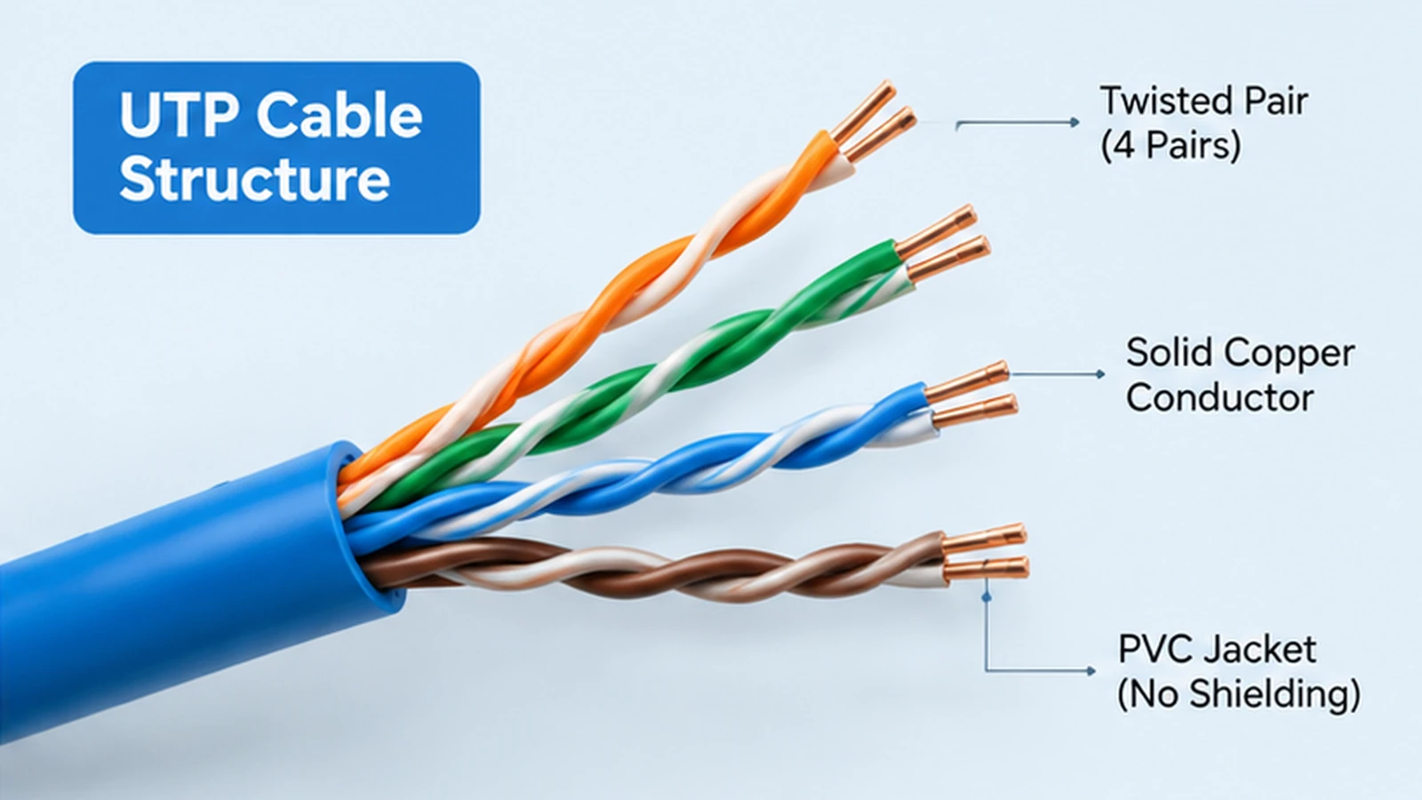 What Is a UTP Cable? Structure, How It Works, and Uses 2 Typical UTP Ethernet cable construction with four twisted copper pairs and no metallic shield.