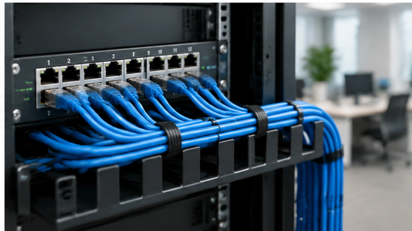 What Is a UTP Cable? Structure, How It Works, and Uses 4 Blue Ethernet patch cables connected to a network switch in a rack.