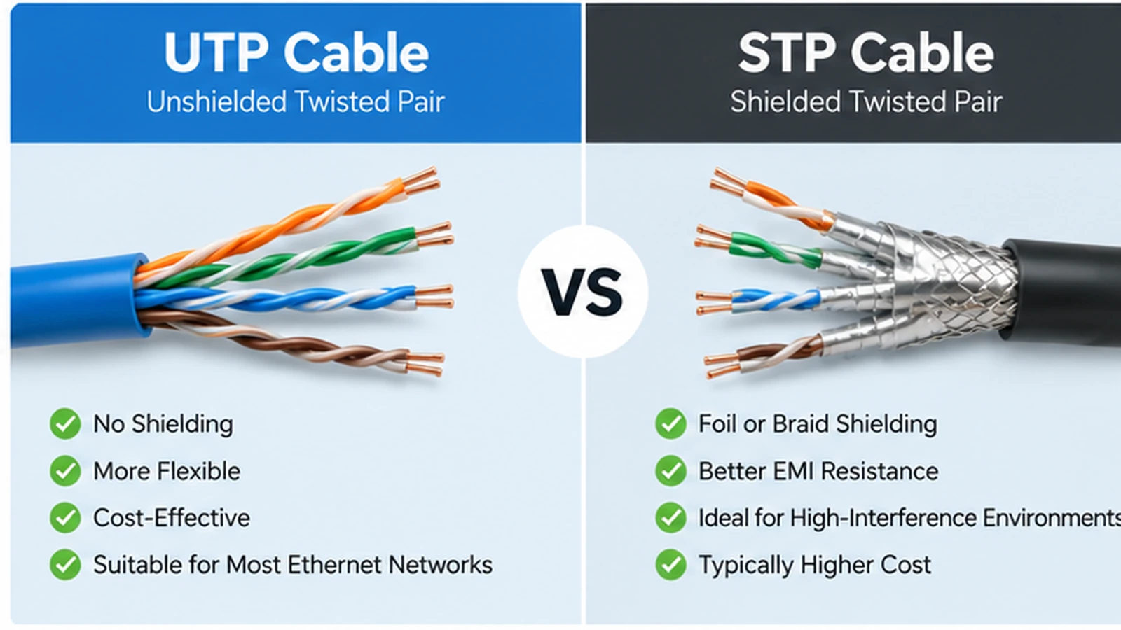 What Is a UTP Cable? Structure, How It Works, and Uses 3 Comparison of an unshielded UTP cable and a shielded twisted-pair cable with foil or braid protection.