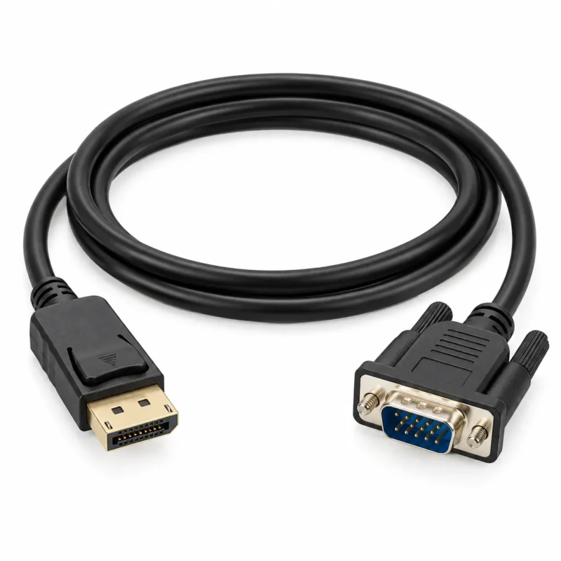 DisplayPort to VGA cable 1.8m black male-to-male adapter cable on a white background