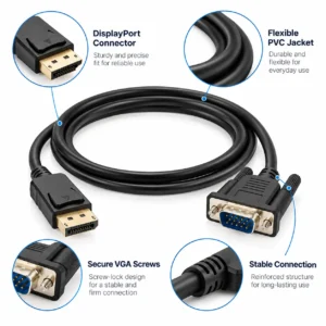 DisplayPort to VGA cable connector details with PVC jacket and VGA fastening screws