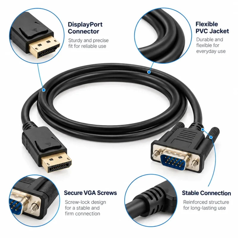 DisplayPort to VGA cable connector details with PVC jacket and VGA fastening screws