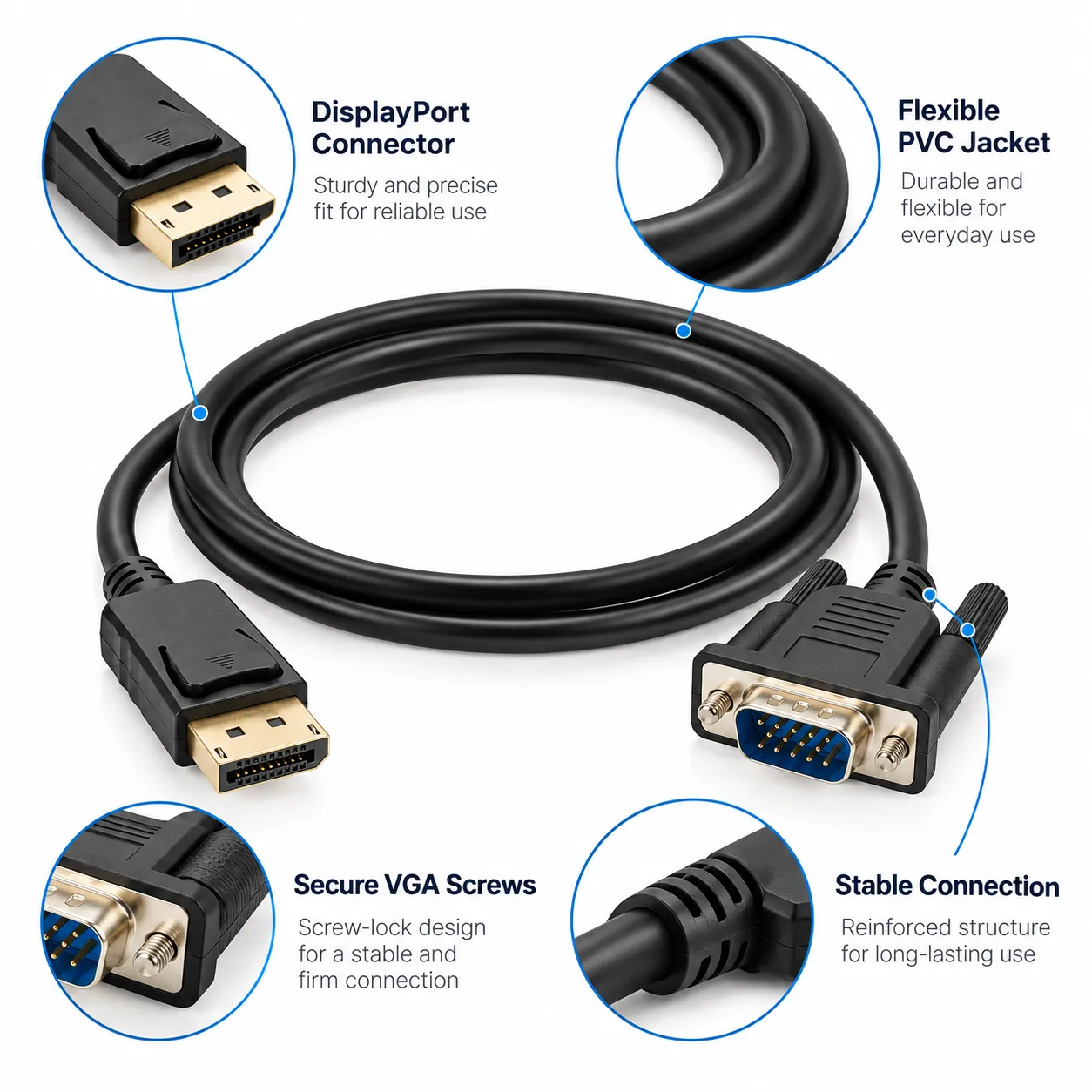 DisplayPort to VGA cable connector details with PVC jacket and VGA fastening screws