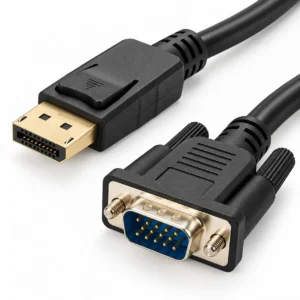 Close-up of DisplayPort to VGA cable with DisplayPort and screw-lock VGA male connectors