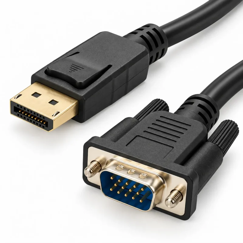Close-up of DisplayPort to VGA cable with DisplayPort and screw-lock VGA male connectors