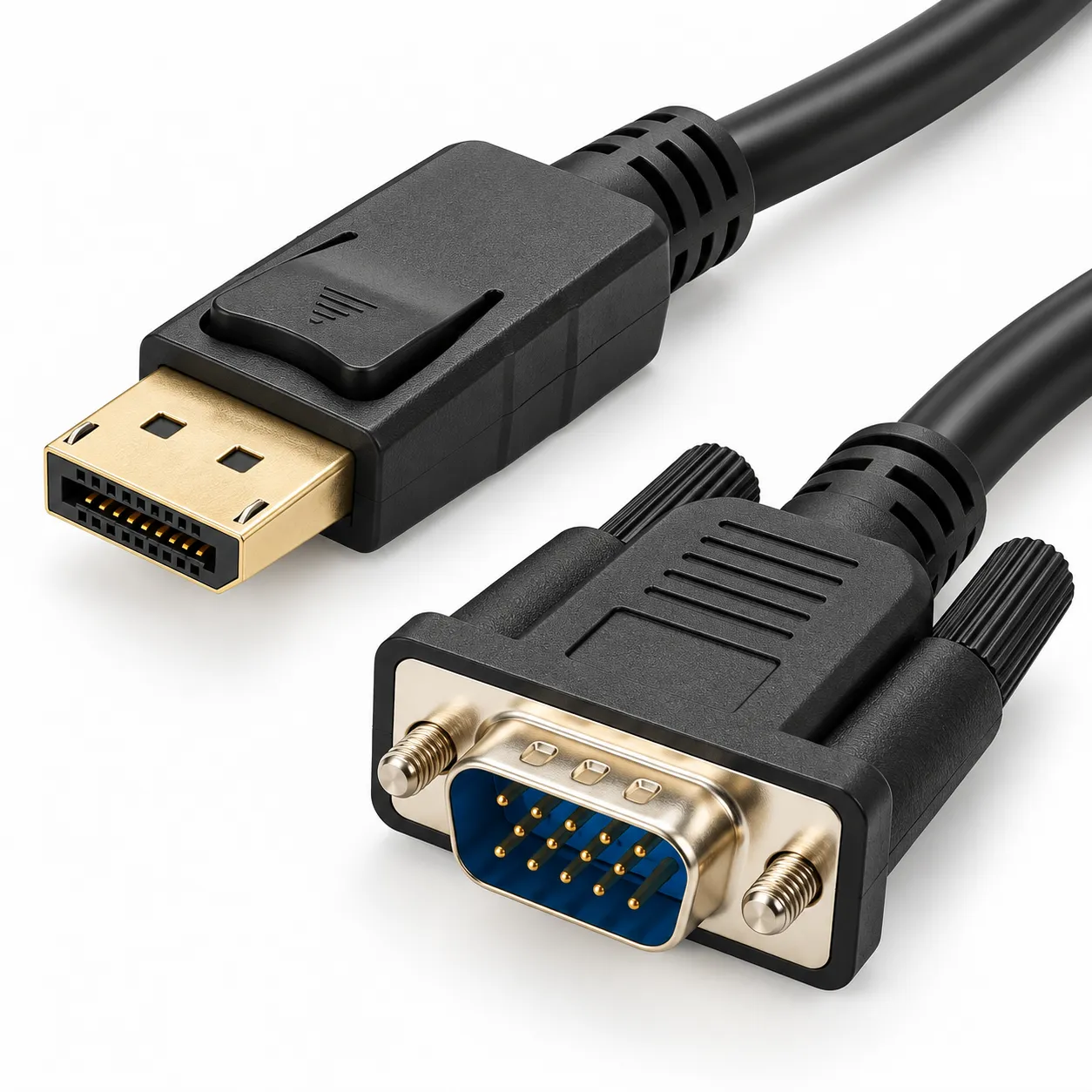 Close-up of DisplayPort to VGA cable with DisplayPort and screw-lock VGA male connectors