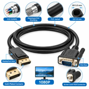 DisplayPort to VGA cable construction showing CCS 32 AWG, foil shielding and PVC jacket