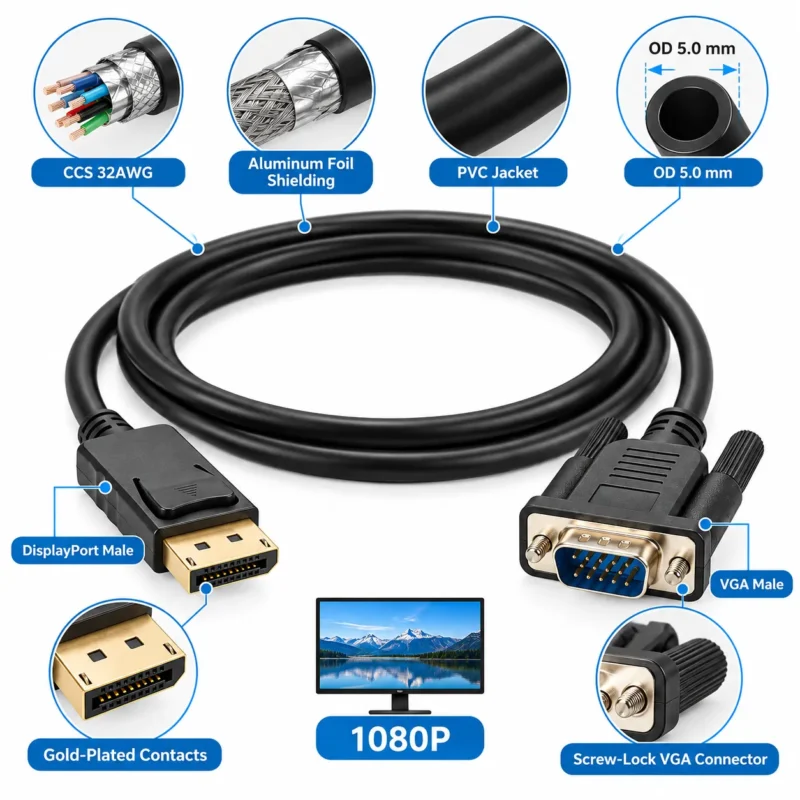 DisplayPort to VGA cable construction showing CCS 32 AWG, foil shielding and PVC jacket