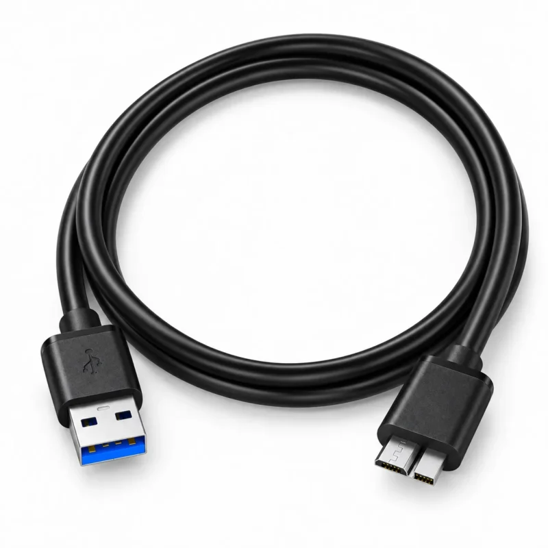 Black USB 3.0 Type-A to Micro-B cable arranged in a circular coil with both connectors visible