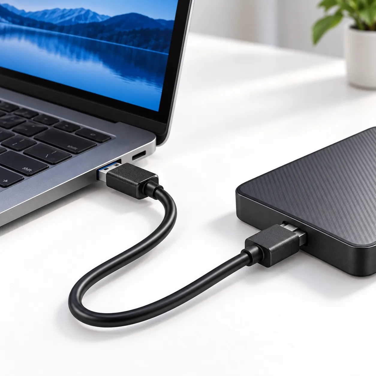 Micro USB 3.0 Cable connecting a laptop USB-A port to a portable external hard drive