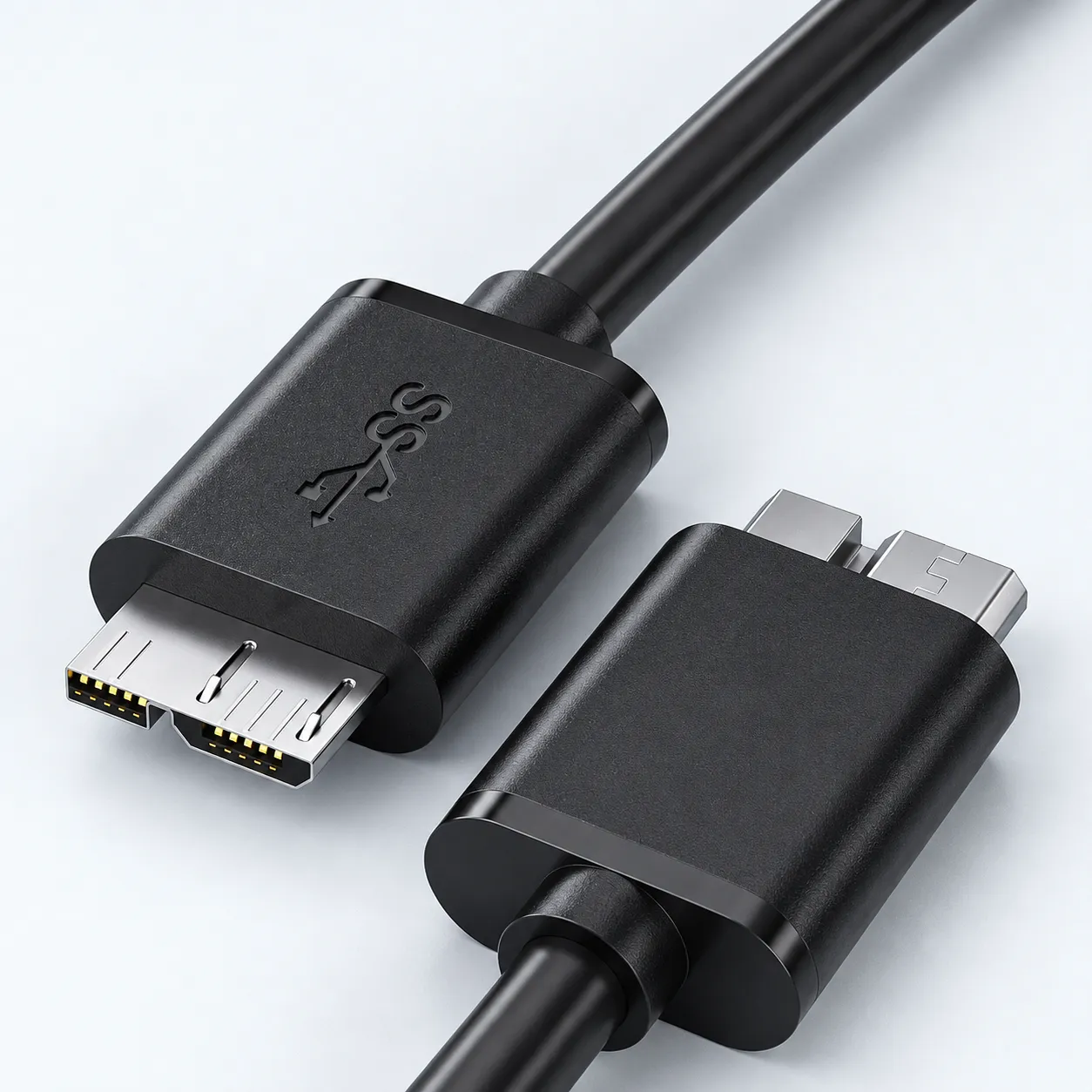 Close-up views of the USB 3.0 Micro-B male connector, showing its dual-part metal plug and black molded housing