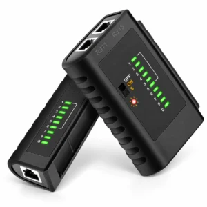 Angled product view of the VC468 RJ45 RJ11 network cable tester showing the master and remote units with LED wiring indicators