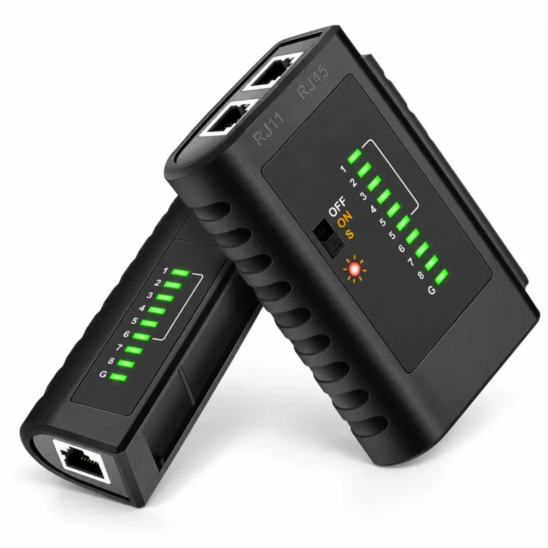 Angled product view of the VC468 RJ45 RJ11 network cable tester showing the master and remote units with LED wiring indicators