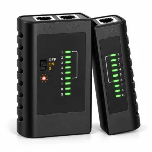 VC468 RJ45 RJ11 network cable tester with master and remote units, black housing, LED indicators, and detachable remote module on a clean white background