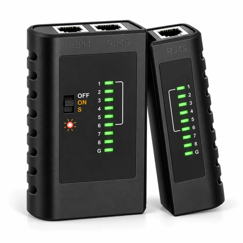 VC468 RJ45 RJ11 network cable tester with master and remote units, black housing, LED indicators, and detachable remote module on a clean white background