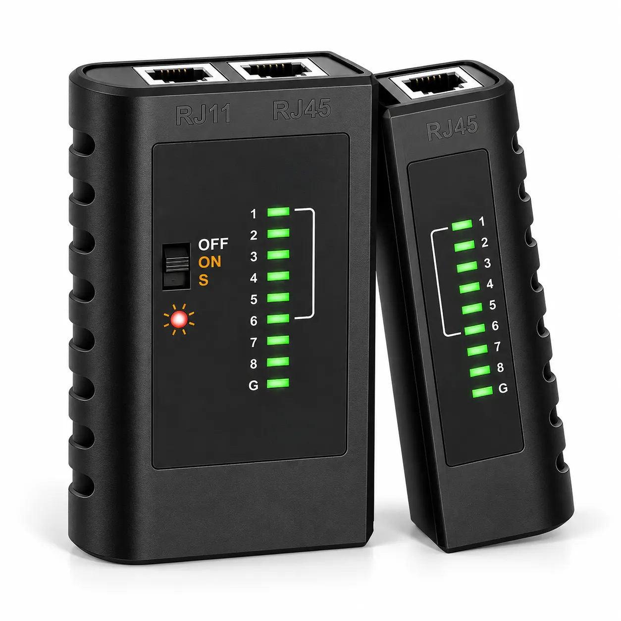 VC468 RJ45 RJ11 network cable tester with master and remote units, black housing, LED indicators, and detachable remote module on a clean white background