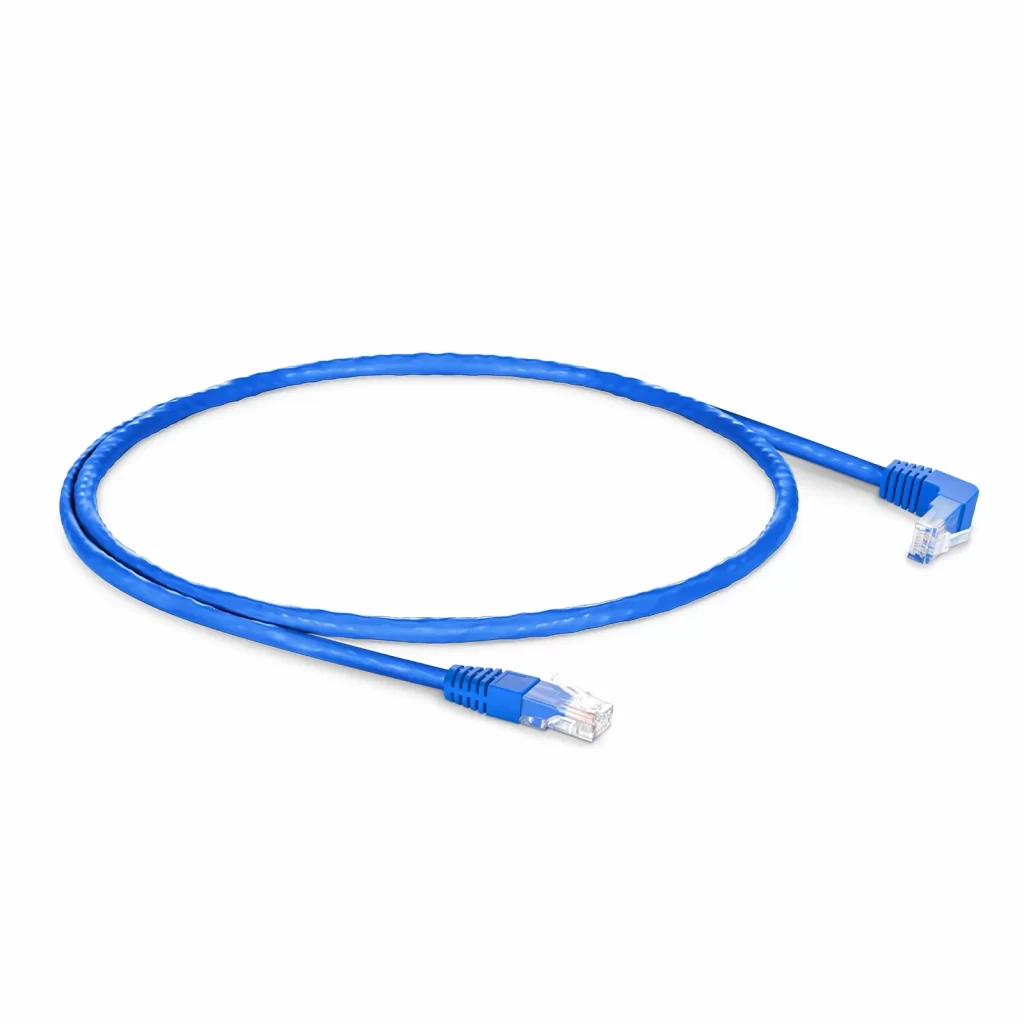 كابل شبكة إيثرنت (Cat6 26AWG U/UTP PVC CM) بطرفين بزاوية 90 درجة، مانع للتشابك وغير محمي، من RJ45 بيمين الزاوية إلى RJ45 ذكر