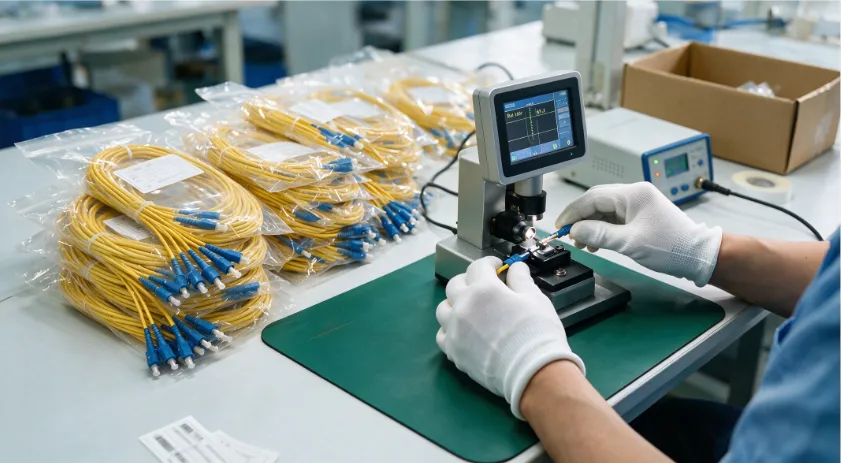 Fiber patch cord production workshop, factory manufacturing optical jumper cables for data center projects
