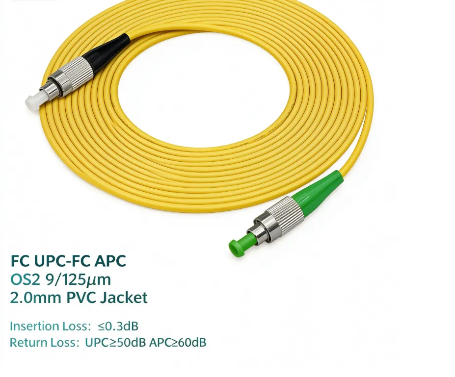 FC/UPC to FC/APC OS2 Simplex Single-Mode Fiber Patch Cord, 2.0mm PVC