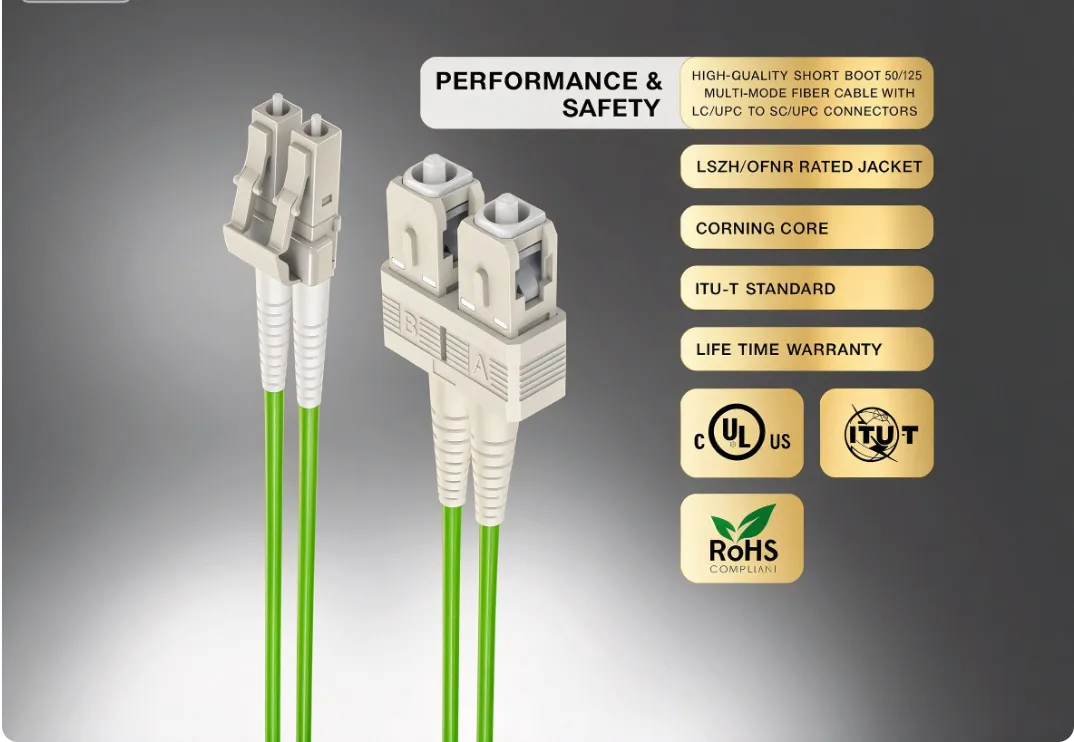 OM5 Duplex Fiber Patch Cord LC UPC‑SC UPC, 50/125μm Multimode LSZH OFNR, Lime Green Wide‑Band Optical Jumper - изображение 5