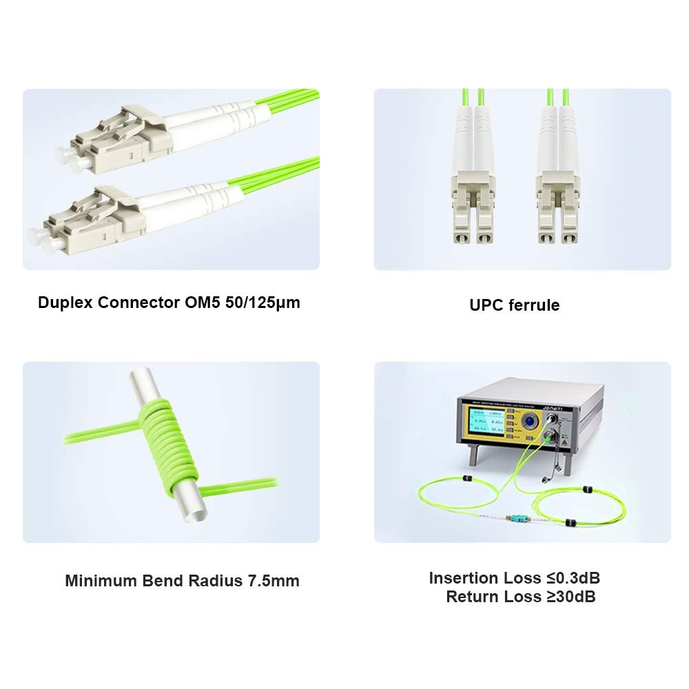 OM5 Duplex Fiber Patch Cord LC UPC‑LC UPC, 50/125μm Multimode LSZH Jacket, 40G‑100Gbps, 1M-10m Custom Length