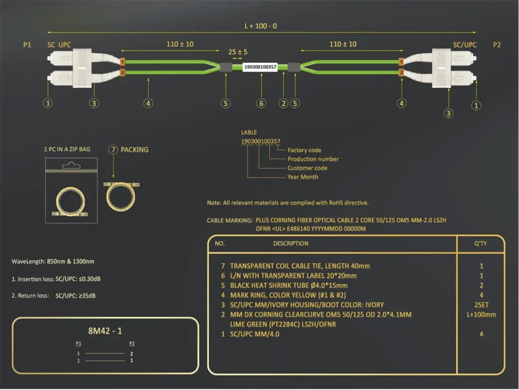 Оптический патч-корд OM5 Duplex, LC UPC–SC UPC, многомодовый 50/125 мкм, LSZH OFNR, лаймово-зеленый широкополосный оптический соединительный шнур