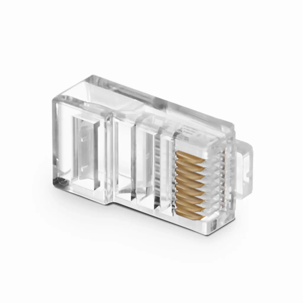 مقابس نموذجية قياسية من نوع Cat5e RJ45، موصلات شبكة غير محمية للكابلات المجدولة أو الصلبة ذات الزوج الملتوي بحجم 24AWG (50 قطعة/عبوة)