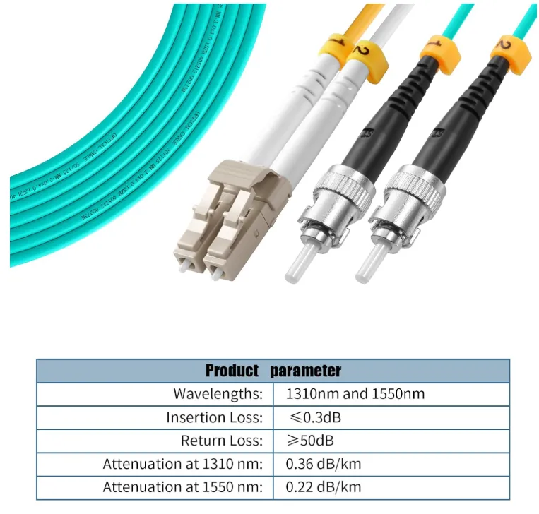 OM3 LC‑UPC to ST‑UPC Duplex Fiber Patch Cord, 50/125μm Multimode Optical Cable LSZH Jacket