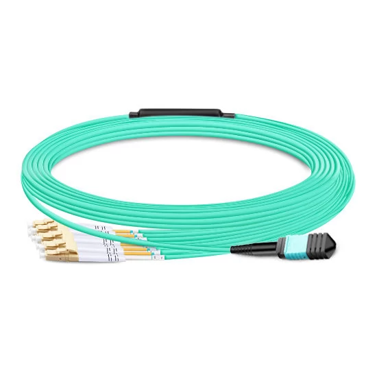 8 Fibers, MPO UPC Female to 4 LC UPC Duplex OM3 50/125 Multimode Fiber Breakout Cable, Type B, LSZH, Aqua